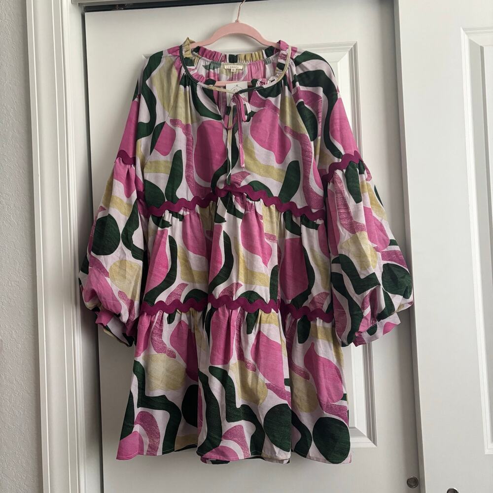 Pink Abstract Print Ruffle-Tier Mini Dress - Picture 2 of 13